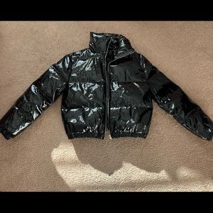 Black Cropped Vinyl Puffer Jacket